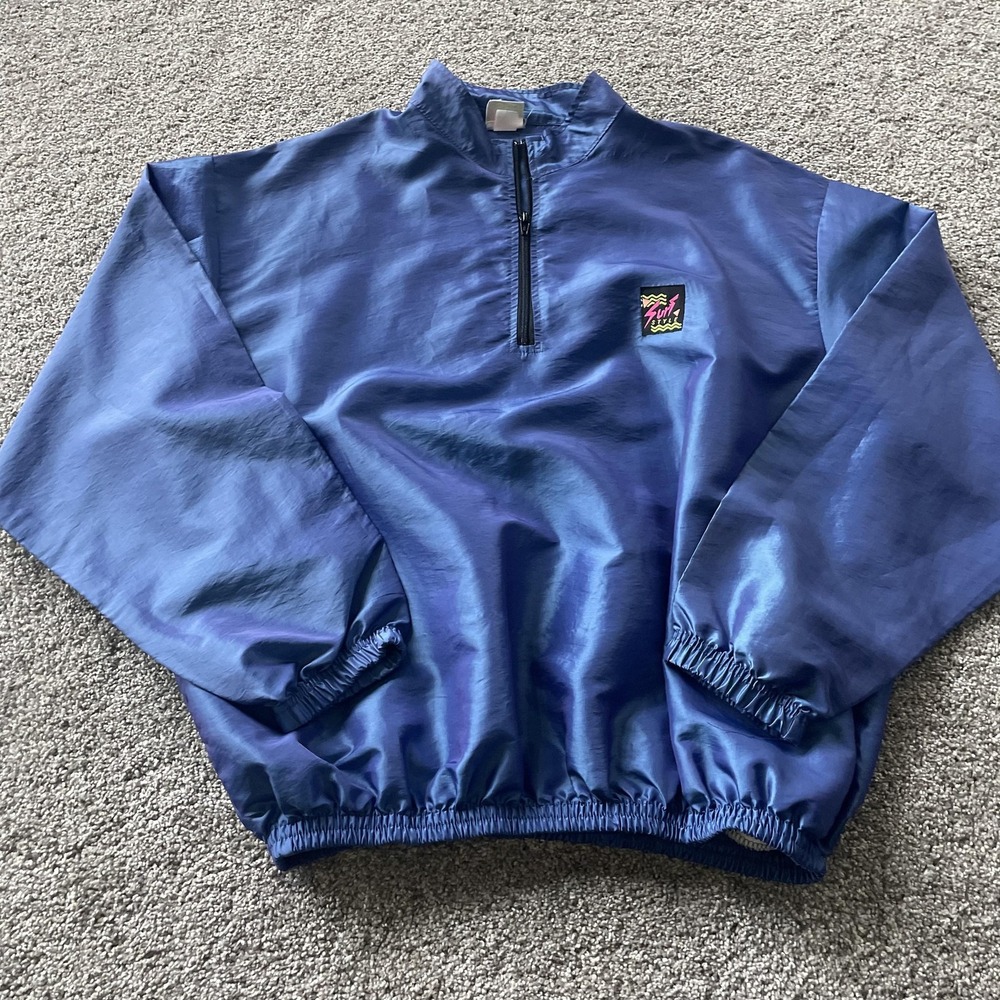 Vintage Surf Style Jacket Mens XL Blue Nylon 1/4 Zip Windbreaker Pullover